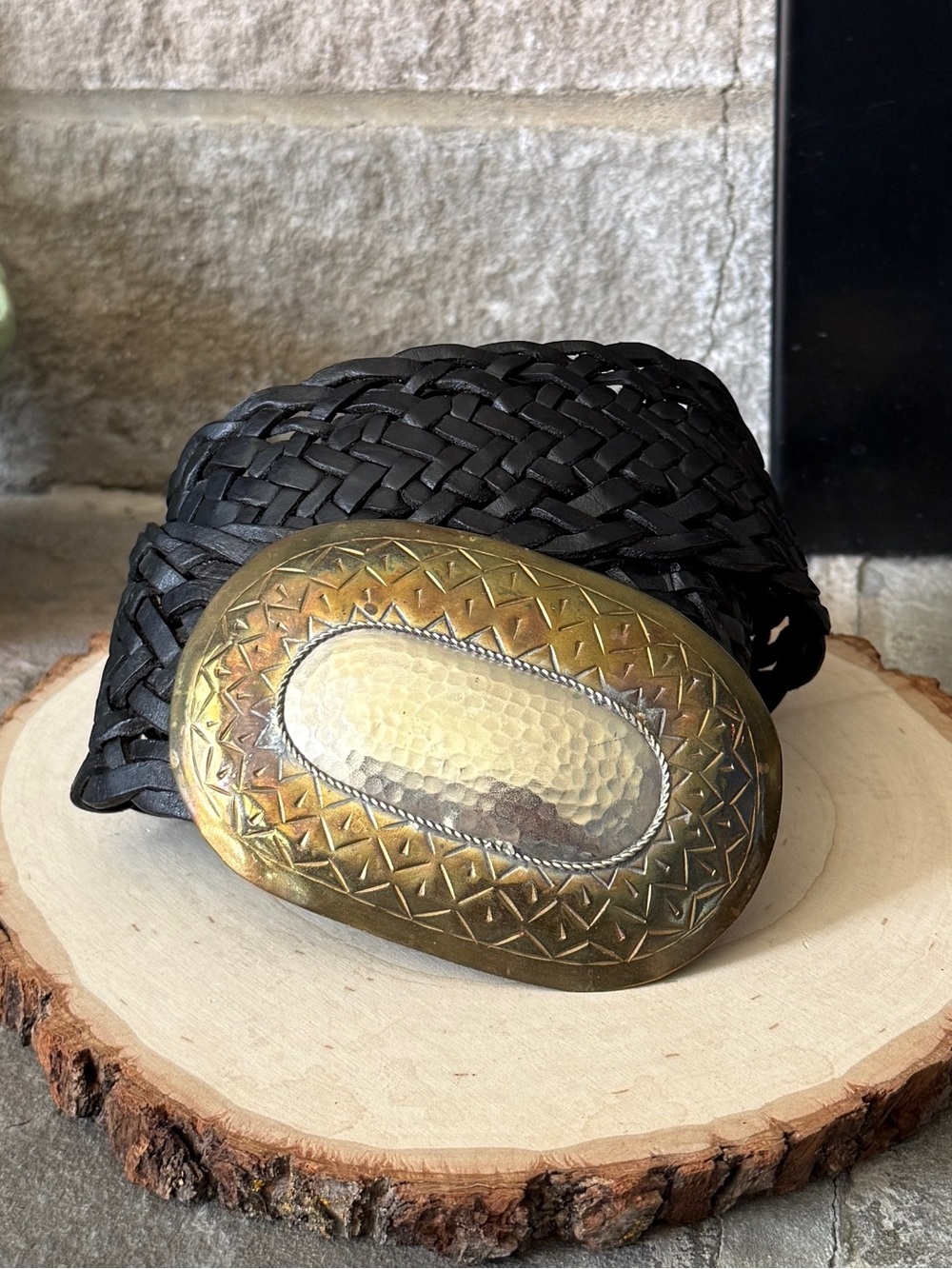 Vintage Moroccan Woven Black Leather Belt with Hammered Brass Oval Buckle
